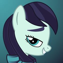 Size: 1080x1080 | Tagged: safe, artist:angryprogrockbrony, derpibooru exclusive, imported from derpibooru, coloratura, earth pony, pony, avatar, bedroom eyes, bust, eyebrows, female, gradient background, grin, lidded eyes, looking at you, mare, portrait, profile, side view, smiling, smiling at you, solo, teal eyes