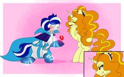 Size: 2048x1289 | Tagged: safe, artist:mikkybun, imported from derpibooru, adagio dazzle, oc, oc:ivislor, oc:ivislor odzi, cyborg, cyborg pony, pony, unicorn, equestria girls, blushing, canon x oc, cape, clothes, commission, commissioner:iv's, duo, evil grin, grin, marriage proposal, pink background, ponified, simple background, smiling