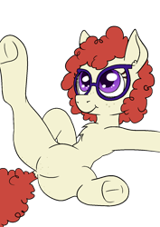 Size: 1000x1414 | Tagged: safe, artist:happy harvey, imported from derpibooru, twist, earth pony, pony, butt, butt freckles, chest fluff, crotch freckles, dock, ear fluff, ear freckles, featureless crotch, freckles, frog (hoof), glasses, hooves, hooves up, looking up, phone drawing, plot, simple background, smiling, solo, spread legs, spreading, tail, transparent background, underhoof