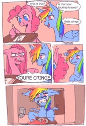 Size: 820x1200 | Tagged: safe, artist:faunbuns, imported from derpibooru, pinkie pie, rainbow dash, earth pony, pegasus, pony, angry, comic, cringing, crying, dialogue, drawing, floppy ears, implied furry, karma, meme, mirror, pinkamena diane pie, ponified meme, rainbow douche, sad, spongebob squarepants, spread wings, teary eyes, vulgar, wings, you're cringe