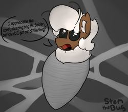 Size: 1600x1400 | Tagged: safe, artist:stemthebug, imported from derpibooru, oc, oc only, oc:stem bedstraw, hybrid, insect, moth, mothpony, original species, pony, bondage, clueless, cocoon, oblivious, open mouth, solo, speech bubble, spider web, wrapped up