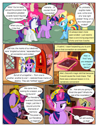 Size: 612x792 | Tagged: safe, artist:newbiespud, edit, edited screencap, imported from derpibooru, screencap, applejack, fluttershy, pinkie pie, rainbow dash, rarity, twilight sparkle, earth pony, pegasus, pony, unicorn, comic:friendship is dragons, magical mystery cure, applejack's hat, big crown thingy, book, comic, cowboy hat, dialogue, element of generosity, element of honesty, element of kindness, element of laughter, element of loyalty, element of magic, elements of harmony, eyelashes, female, glowing, glowing horn, golden oaks library, hat, horn, indoors, jewelry, magic, magic aura, mane six, mare, ponyville, quill, regalia, screencap comic, smiling, telekinesis, unicorn twilight, wings