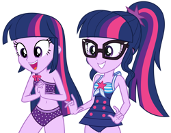 Size: 1024x793 | Tagged: safe, artist:alandssparkle, imported from derpibooru, sci-twi, twilight sparkle, equestria girls, equestria girls series, x marks the spot, bare shoulders, bikini, clothes, duality, glasses, grin, one-piece swimsuit, open mouth, open smile, sci-twi swimsuit, simple background, sleeveless, smiling, swimsuit, transparent background, twilight sparkle (alicorn), twolight, vector