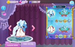 Size: 1280x800 | Tagged: safe, imported from derpibooru, screencap, trixie, pony, unicorn, alternate hairstyle, clothes, curtains, cute, diatrixes, female, gameloft, hair ribbon, haori, odango, pedestal, solo, stars, twin buns