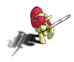 Size: 854x722 | Tagged: safe, artist:donlawride, imported from derpibooru, apple bloom, earth pony, pony, female, filly, mouth hold, solo, sword, weapon