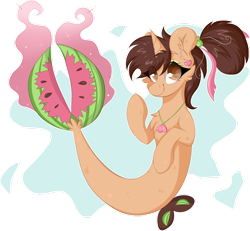 Size: 1600x1481 | Tagged: safe, artist:woonborg, imported from derpibooru, oc, oc only, oc:woonie, seapony (g4), unicorn, brown eyes, brown mane, dorsal fin, female, fish tail, flowing tail, horn, jewelry, looking at you, necklace, seaponified, simple background, smiling, solo, species swap, tail, transparent background