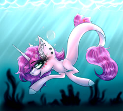 Size: 1280x1159 | Tagged: safe, artist:beamybutt, imported from derpibooru, oc, oc only, seapony (g4), unicorn, art trade, bubble, crepuscular rays, dorsal fin, ear fluff, eyelashes, fish tail, flowing tail, green eyes, horn, ocean, open mouth, purple mane, seaponified, seaweed, solo, species swap, sunlight, swimming, tail, underwater, water