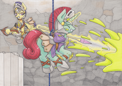 Size: 4660x3295 | Tagged: safe, artist:xeviousgreenii, imported from derpibooru, oc, oc:cerise breeze, oc:ginger mint, pegasus, pony, unicorn, armor, crossbow, eyes closed, gritted teeth, levitation, magic, rope, royal guard, spear, suspended, telekinesis, traditional art, weapon