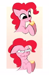 Size: 1523x2313 | Tagged: safe, artist:syrupyyy, artist:velgarn, edit, imported from derpibooru, pinkie pie, earth pony, pony, crying, cute, diapinkes, faic, female, floppy ears, food, hoof hold, lemon, licking, mare, meme, mlem, no pupils, scrunchy face, shitposting, silly, silly pony, simpsons did it, smiling, solo, sour, teary eyes, the simpsons, tongue out