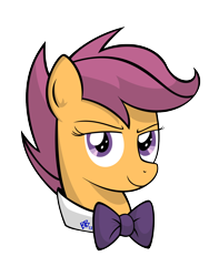 Size: 1080x1440 | Tagged: safe, artist:bravelyart, imported from derpibooru, scootaloo, pony, bowtie, bowties are cool, bust, female, formal wear, solo
