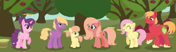 Size: 2168x650 | Tagged: safe, artist:littsandy, imported from derpibooru, big macintosh, fluttershy, little mac, sugar belle, oc, oc:apple garden, oc:butterfly apple, earth pony, ghost, pegasus, pony, undead, unicorn, base used, female, filly, fluttermac, half-siblings, halo, male, mare, offspring, older, parent:big macintosh, parent:fluttershy, parents:fluttermac, shipping, stallion, straight, sweet apple acres