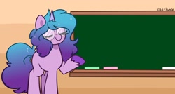 Size: 2048x1098 | Tagged: safe, alternate version, artist:kittyrosie, imported from derpibooru, izzy moonbow, pony, unicorn, chalkboard, cute, exploitable meme, eyes closed, female, g5, glasses, izzybetes, mare, meme, meme template, smiling, solo, template