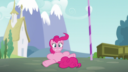 Size: 1280x720 | Tagged: safe, artist:luckreza8, imported from derpibooru, screencap, pinkie pie, earth pony, pony, season 5, the one where pinkie pie knows, featureless crotch, female, frown, gritted teeth, lying down, mare, reaction image, solo, tripping, wavy mouth