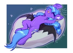 Size: 1228x882 | Tagged: safe, artist:swaybat, imported from derpibooru, oc, oc only, oc:frozen light, bat pony, pony, bat pony oc, beanbag, explicit source, eyes closed, open mouth, open smile, smiling, solo