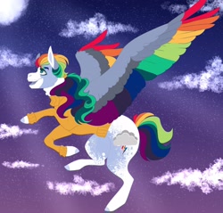 Size: 3728x3558 | Tagged: safe, artist:inisealga, imported from derpibooru, rainbow dash, pegasus, pony, alternate design, appaloosa, bald face, blaze (coat marking), clothes, cloud, coat markings, colored wings, facial markings, female, flying, high res, mare, markings, moon, night, redesign, sky, socks (coat markings), spread wings, stars, sweater, wings