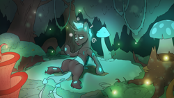 Size: 3840x2160 | Tagged: safe, artist:cocaine, imported from derpibooru, changeling, commission, confused, forest, moss, mushroom, tree, waking up