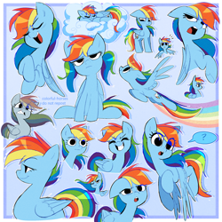 Size: 2500x2500 | Tagged: safe, artist:syrupyyy, imported from derpibooru, rainbow dash, pegasus, pony, alternate hairstyle, cloud, eyes closed, floppy ears, flying, gritted teeth, open mouth, pigtails, question mark, rainbow dash is not amused, sleeping, unamused