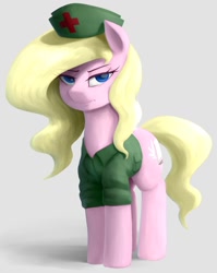 Size: 1016x1278 | Tagged: safe, artist:anearbyanimal, imported from twibooru, oc, oc only, oc:nurse bonesaw, earth pony, pony, clothes, female, hat, image, mare, needs more jpeg, solo, uniform