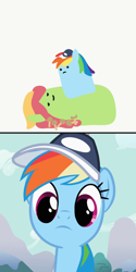 Size: 1024x2048 | Tagged: safe, artist:2merr, screencap, rainbow dash, tree hugger, earth pony, pegasus, pony, may the best pet win, 2 panel comic, :c, bandana, blob ponies, comic, dot eyes, drawn on phone, drawthread, duo, duo female, female, frown, gray background, hallucination, hat, high, lying down, mushroom, simple background, smiling