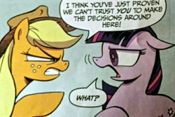 Size: 1080x721 | Tagged: safe, artist:andypriceart, idw, imported from derpibooru, applejack, twilight sparkle, earth pony, pony, unicorn, the return of queen chrysalis, spoiler:comic, spoiler:comic02, applejack is not amused, comic, official, screenshots, text box, unamused, unicorn twilight