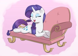 Size: 3212x2316 | Tagged: safe, artist:heretichesh, imported from derpibooru, rarity, pony, unicorn, crossed hooves, cute, eyes closed, fainting couch, female, high res, lying down, mare, open mouth, open smile, prone, raribetes, smiling, solo, sploot, underhoof