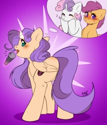 Size: 1853x2160 | Tagged: safe, artist:pledus, imported from derpibooru, scootaloo, sweetie belle, oc, oc:sweet scooter, alicorn, pegasus, pony, unicorn, alicorn oc, blushing, commissioner:bigonionbean, cutie mark, embarrassed, female, filly, fusion, fusion:scootaloo, fusion:sweet scooter, fusion:sweetie belle, horn, levitation, magic, mare, microphone, not an alicorn, simple background, singing, tail, telekinesis, thought bubble, thoughts, wings, writer:bigonionbean