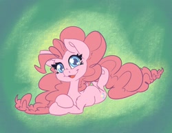 Size: 2475x1913 | Tagged: safe, artist:leadhooves, imported from derpibooru, pinkie pie, earth pony, pony, abstract background, female, frog (hoof), looking at you, lying down, mare, open mouth, open smile, prone, smiling, solo, underhoof