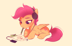 Size: 1943x1242 | Tagged: safe, artist:imalou, imported from derpibooru, scootaloo, pegasus, pony, drawing, eraser, female, filly, folded wings, headphones, lying down, mouth hold, mp3 player, pencil, pencil in mouth, prone, simple background, solo, the cmc's cutie marks, wings