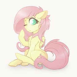 Size: 1024x1024 | Tagged: safe, artist:zetamad, imported from derpibooru, fluttershy, pegasus, pony, cute, daaaaaaaaaaaw, looking at you, looking back, one eye closed, shyabetes, simple background, sitting, solo