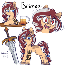 Size: 3000x3000 | Tagged: safe, artist:rivibaes, imported from derpibooru, oc, oc only, oc:brimea, earth pony, pony, alcohol, beer, blue eyes, braid, braided ponytail, braided tail, colored hooves, eyebrows, eyebrows visible through hair, fangs, female, high res, red eyes take warning, scar, solo, sword, tattoo, unshorn fetlocks, weapon