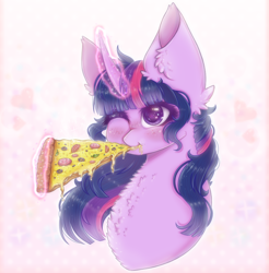 Size: 1100x1120 | Tagged: safe, artist:saltyvity, imported from derpibooru, twilight sparkle, pony, unicorn, big ears, bust, chest fluff, cute, eating, food, glowing horn, heart, horn, levitation, magic, magic aura, one eye closed, pizza, portrait, solo, sparkles, telekinesis