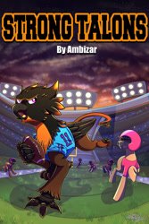 Size: 1280x1920 | Tagged: safe, artist:littletigressda, imported from derpibooru, oc, earth pony, griffon, pony, ball, fanfic, fanfic art, fanfic cover, football, football field, football helmet, football jersey, football stadium, griffon oc, helmet, sports, sunset