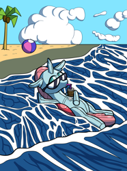 Size: 953x1280 | Tagged: safe, artist:sergeant16bit, imported from derpibooru, ocellus, changedling, changeling, inflatable pony, air nozzle, beach, beach ball, drinking straw, floating, inflatable, lying down, on back, palm tree, pool toy, potion, sunglasses, transformation, tree