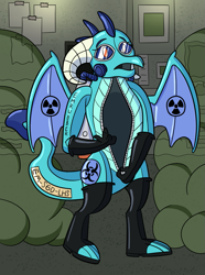 Size: 953x1280 | Tagged: safe, artist:sergeant16bit, imported from derpibooru, princess ember, dragon, biohazard, clothes, cloud, dragoness, female, gloves, hazmat suit, inanimate tf, living suit, open clothes, open mouth, radioactive, transformation, zipper