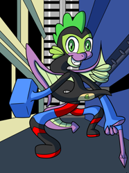 Size: 953x1280 | Tagged: safe, artist:sergeant16bit, imported from derpibooru, spike, dragon, city, commission, elastic, grin, mallet, smiling, stretching, superhero, winged spike, wings