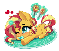 Size: 4300x3700 | Tagged: safe, artist:jack-pie, imported from derpibooru, sunset shimmer, pony, unicorn, baby, baby pony, babyset shimmer, blushing, cute, female, filly, filly sunset shimmer, glowing horn, horn, levitation, lying down, magic, mouth hold, one eye closed, pacifier, prone, rattle, shimmerbetes, simple background, telekinesis, transparent background, weapons-grade cute, younger