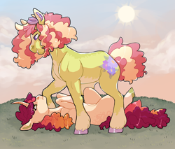 Size: 2700x2300 | Tagged: safe, artist:elf-hollow, imported from derpibooru, oc, oc only, oc:lady alicemoc:echo flower, earth pony, pony, unicorn, female, high res, magical lesbian spawn, mare, offspring, parent:applejack, parent:fluttershy, parent:rarity, parent:tree hugger, parents:flutterhugger, parents:rarijack