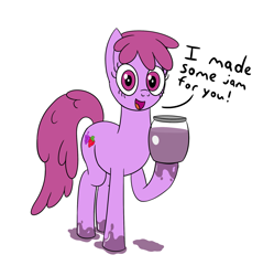 Size: 1799x1809 | Tagged: safe, artist:librarylonging, imported from derpibooru, berry punch, berryshine, earth pony, pony, food, grape jam, grapes, jam, jar, looking at you, simple background, solo, text, white background, wine jam