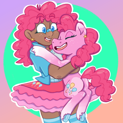 Size: 2000x2000 | Tagged: safe, artist:apatheticxaddict, imported from derpibooru, pinkie pie, earth pony, human, pony, alternate design, bandaid on nose, blackwashing, clothes, coat markings, colored hooves, colored pupils, cute, cutie mark, cutie mark on clothes, dark skin, diapinkes, ear piercing, eyebrows, eyebrows visible through hair, eyes closed, female, freckles, high res, holding a pony, hug, hugging a pony, human and pony, human coloration, human ponidox, humanized, kneesocks, mare, moderate dark skin, nose bandaid, open mouth, open smile, piercing, self paradox, self ponidox, skirt, smiling, socks, spots, striped socks, unshorn fetlocks
