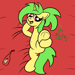 Size: 2000x2000 | Tagged: safe, artist:dafiltafish, imported from derpibooru, oc, oc only, oc:piña, pony, unicorn, alcohol, bed, belly button, bottle, dialogue, featureless crotch, female, high res, horn, looking at you, lying down, mare, on bed, on side, open mouth, red eyes, side, solo, talking to viewer, underhoof, unicorn oc, wine