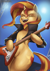 Size: 1754x2480 | Tagged: safe, artist:nire, idw, imported from derpibooru, sunset shimmer, pony, unicorn, equestria girls, spoiler:comic, spoiler:comic79, bipedal, bottomless, clothes, concert, cutie mark, electric guitar, eyes closed, female, guitar, heavy metal, jacket, leather jacket, mare, musical instrument, open mouth, open smile, partial nudity, playing guitar, rock (music), smiling, stage, sunset shredder