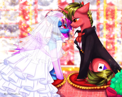 Size: 4000x3179 | Tagged: safe, artist:krissstudios, imported from derpibooru, oc, oc only, pony, clothes, dress, female, male, mare, stallion, suit, wedding dress