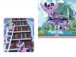 Size: 1600x1200 | Tagged: safe, imported from derpibooru, spike, twilight sparkle, alicorn, dragon, pony, unicorn, book, bookshelf, female, flying, g4, ladder, male, mare, official, school of friendship, twilight sparkle (alicorn), twolight, unicorn twilight, welcome to ponyville (book)