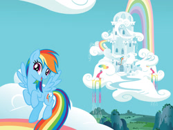 Size: 1600x1200 | Tagged: safe, imported from derpibooru, rainbow dash, pegasus, pony, book, cloud, female, g4, mare, official, rainbow, rainbow dash's house, rainbow waterfall, welcome to ponyville (book)