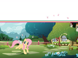 Size: 1600x1200 | Tagged: safe, imported from derpibooru, angel bunny, fluttershy, pegasus, pony, rabbit, animal, book, female, flower, fluttershy's cottage, g4, mare, official, tree, welcome to ponyville (book)