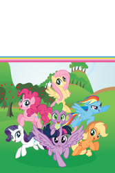 Size: 800x1200 | Tagged: safe, imported from derpibooru, applejack, fluttershy, pinkie pie, rainbow dash, rarity, spike, twilight sparkle, alicorn, dragon, earth pony, pegasus, pony, unicorn, apple, apple tree, applejack's hat, book, cowboy hat, female, g4, hat, male, mane seven, mane six, mare, official, tree, twilight sparkle (alicorn), welcome to ponyville (book)