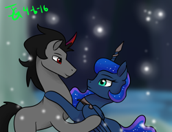 Size: 1300x1000 | Tagged: safe, artist:joan-grace, imported from derpibooru, king sombra, princess luna, alicorn, firefly (insect), insect, pony, unicorn, collar, ethereal mane, female, horn, hug, lumbra, magic suppression, male, mare, shipping, signature, slave, smiling, stallion, starry mane, stockholm syndrome, story included, straight, wings