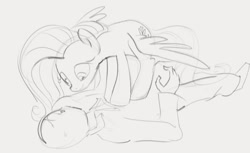 Size: 1104x674 | Tagged: safe, artist:dotkwa, imported from derpibooru, fluttershy, oc, oc:anon, human, pegasus, pony, duo, female, female on top, gray background, grayscale, looking at each other, looking down, male, mare, mare on top, monochrome, on top, pinned, simple background, sketch, spread wings, sweat, sweatdrop, wings