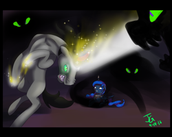 Size: 2000x1600 | Tagged: safe, artist:joan-grace, imported from derpibooru, king sombra, princess luna, pony, shadow pony, unicorn, blast, female, glowing hooves, lumbra, magic, magic beam, magic blast, male, mare, shipping, signature, stallion, story included, straight