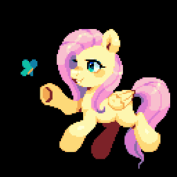 Size: 640x640 | Tagged: safe, artist:hikkage, imported from derpibooru, fluttershy, butterfly, pegasus, pony, black background, cute, daaaaaaaaaaaw, pixel art, shyabetes, simple background, smiling, solo, underhoof